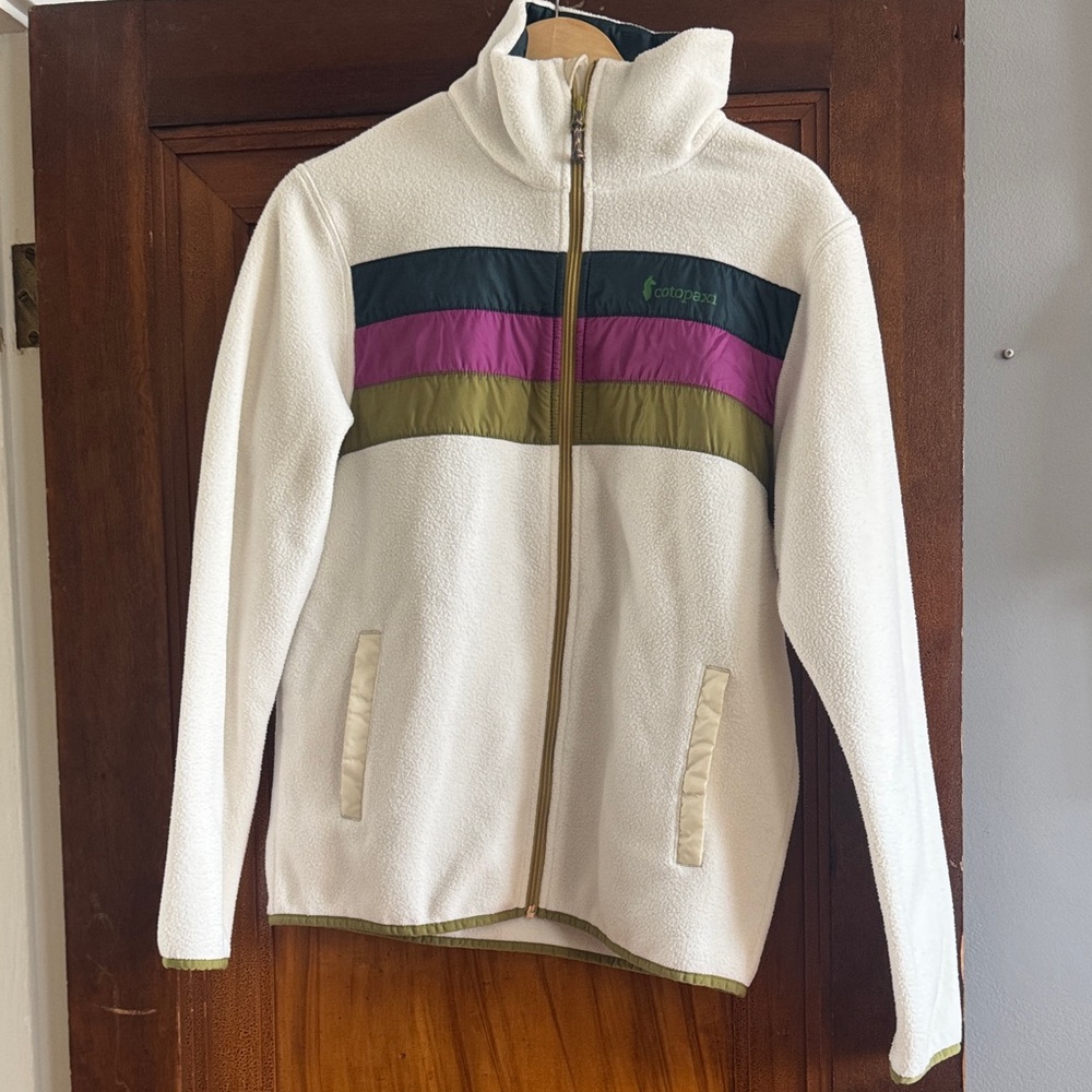 cotopaxi Cream Teddy Fleece Jacket with Blue, Purple & Olive Stripes
